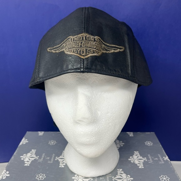 Harley-Davidson Black Leather Skull Cap Lace Up Vintage XL